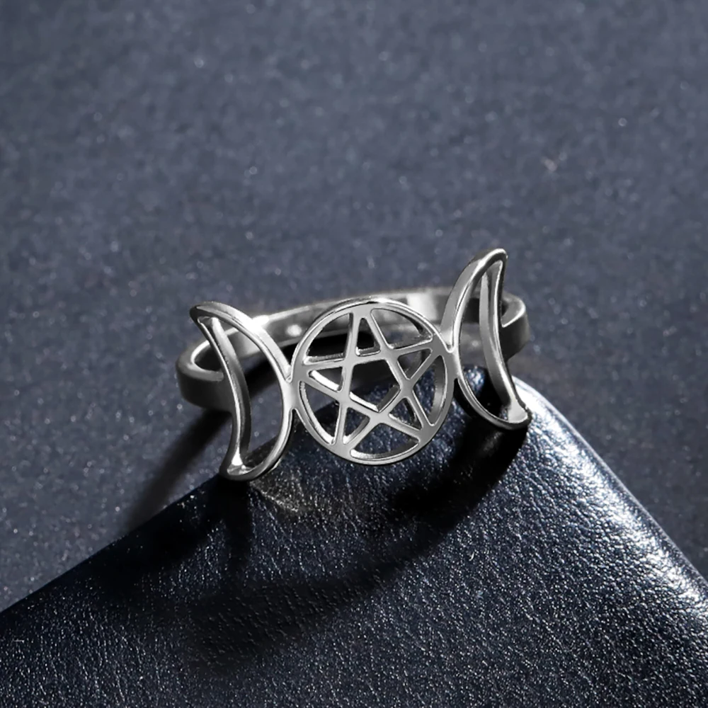 Anillo Triple Luna con Pentagrama en Acero Inoxidable