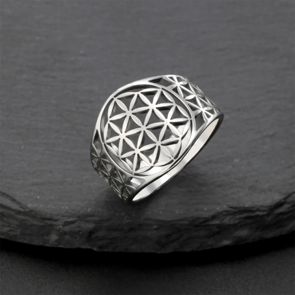 Anillo Flor de la Vida Ancho en Acero Inoxidable